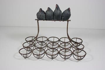 Eierhouder set - Kippen op stok - IJzer, Resin