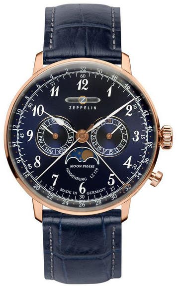 Zeppelin 7038-3 LZ 129 Hindenburg  maanfase heren horloge, Overige merken, Staal, Verzenden, Polshorloge