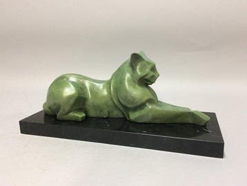 sculptuur, Reclyning Cat - 15 cm - Brons