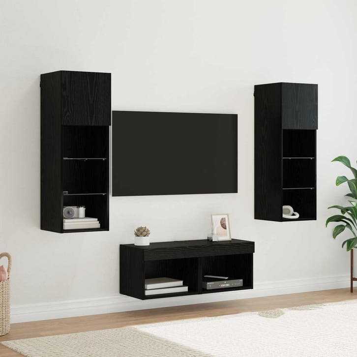 vidaXL TV Wandkasten Wandgemonteerd 4 pcs Zwart Eiken, Huis en Inrichting, Kasten | Televisiemeubels, Nieuw, Minder dan 50 cm