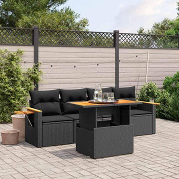 vidaXL 5-delige Loungeset met kussens poly rattan zwart, Verzenden, Nieuw, Loungeset