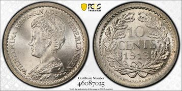 Koningin Wilhelmina 10 cent 1913 PCGS MS65 gecertificeerd, Verzenden, Zilver, 10 cent, Koningin Wilhelmina