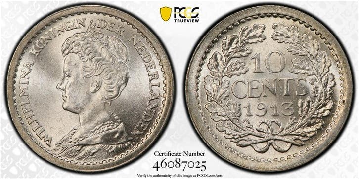 Koningin Wilhelmina 10 cent 1913 PCGS MS65 gecertificeerd, Postzegels en Munten, Munten | Nederland, Losse munt, 10 cent, Koningin Wilhelmina