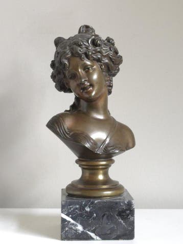 Antieke Franse Bronzen Buste op Marmeren Voet (26,5 cm), Antiek en Kunst, Ophalen of Verzenden, Brons