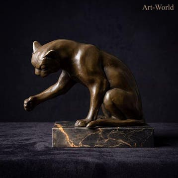 Beeld, Spelende kat - 14 cm - Brons, Marmer
