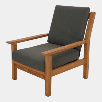 Teak loungestoel naturel met grijs zitkussen, Ophalen of Verzenden, Nieuw