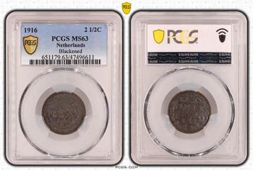 Koningin Wilhelmina 2 1/2 cent 1916 MS63 Blackened PCGS, Verzenden, Koningin Wilhelmina, Losse munt