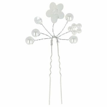 Haarspeld Haarpin 8cm - Bloem Parel Kralen - Wit Zilver, Nieuw