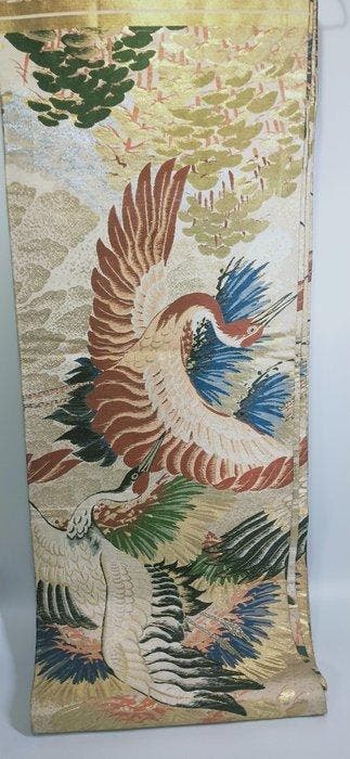 Vintage geborduurde reiger-obi sjerp, omkeerbaar,
