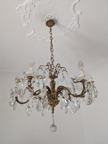 Plafondlamp - Kristal - Brons met gouden afwerking, Antiek en Kunst