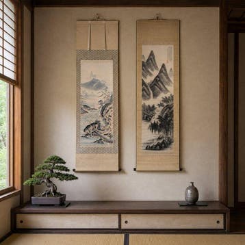 Set van 2 Japanse kakejiku hangende rollen – inkt- en