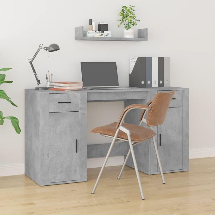 vidaXL Bureau met kast bewerkt hout betongrijs, Huis en Inrichting, Bureaus, Nieuw, Verzenden