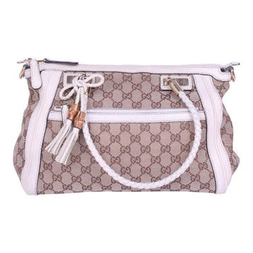 Gucci Bella Bamboo Ribbon Tassel Schoudertas - GG Canvas Wit, Sieraden, Tassen en Uiterlijk, Tassen | Damestassen, Verzenden, Zo goed als nieuw