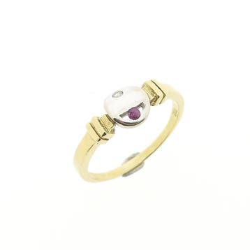 Bicolor gouden ring met robijn en diamant; 0,02 ct., 18 tot 19, Gebruikt, Ophalen of Verzenden, Dame of Heer
