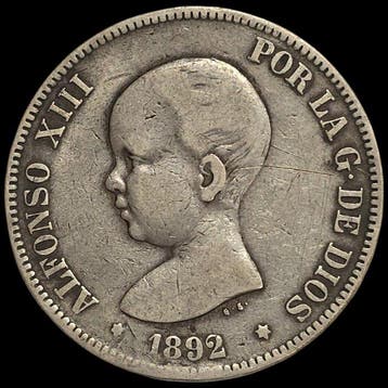 Spanje. Alfonso XIII. 5 Pesetas PGM. 1892. (Zonder, Postzegels en Munten