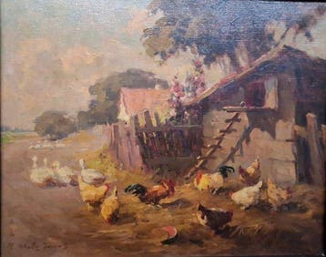 János Rákosi Uitz (1887-1972) - Boeren erf met kippen, Antiek en Kunst