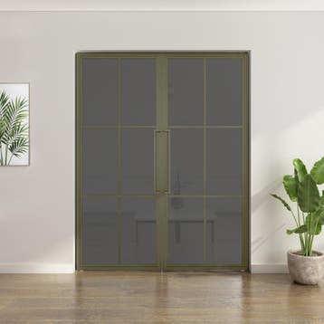 Dubbele stalen taatsdeur - Olijfgroen - 6 Vlaks - Rookglas, Minder dan 80 cm, Overige typen, Nieuw, Metaal
