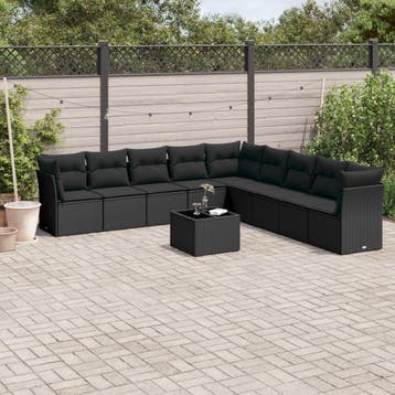 vidaXL 10-delige Loungeset met kussens poly rattan zwart, Verzenden, Nieuw, Loungeset