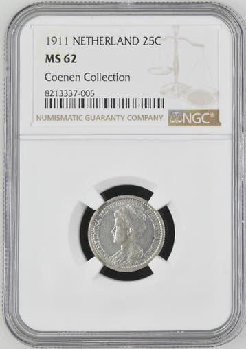 Koningin Wilhelmina 25 cent 1911 MS62 NGC Ex Coenen Coll., Verzenden, Zilver, 25 cent, Koningin Wilhelmina