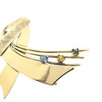 Gouden abstracte broche mix van saffieren, Gebruikt, Overige kleuren, Ophalen of Verzenden, Met edelsteen