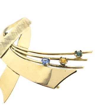Gouden abstracte broche mix van saffieren, Gebruikt, Ophalen of Verzenden, Met edelsteen, Goud