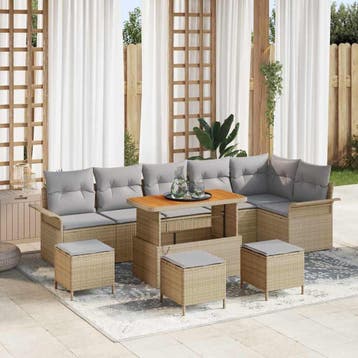 vidaXL Tuinbankenset 10 st Beige poly rattan, Verzenden, Nieuw, Rotan, Meer dan 8 zitplaatsen