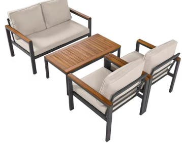 Tuinmeubelset: Acacia Tafelblad, Stalen Frame, Beige Kussens, Verzenden, Nieuw