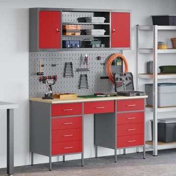 vidaXL Werk kast met lade 7 st Rood en Grijs Engineered hout, Doe-het-zelf en Verbouw, Verzenden, Nieuw