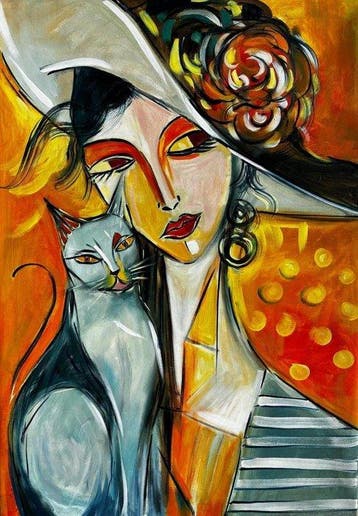 Milton - XL - La Dama y el Gato en Cálidos Ocre, Antiek en Kunst