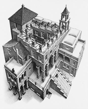Kunstdruk M. C. Escher - Treppauf und Treppab 55x65cm, Verzenden, Nieuw