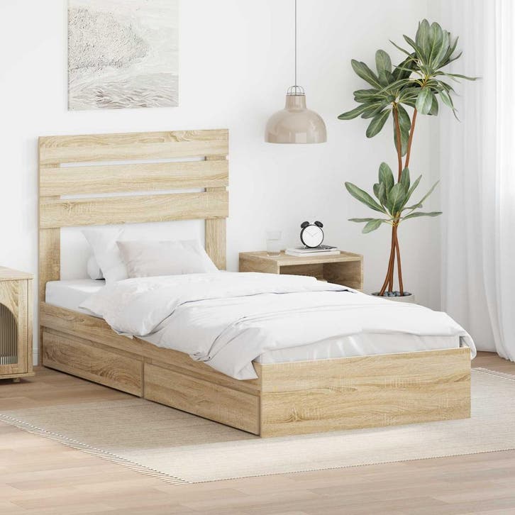 vidaXL Opslag bed met lade Sonoma Eiken 100 x 200 cm Bewerkt, Huis en Inrichting, Slaapkamer | Bedden, Bruin, Nieuw, Hout, Verzenden