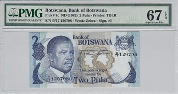Botswana 2 Pula Nd1982 Pick 7c Pmg Superb Gem Unc 67 Epq, Verzenden