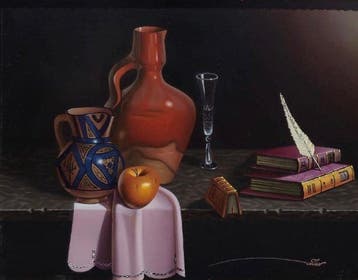 Javier Mulio (1957) - Bodegón con cántaro y libros