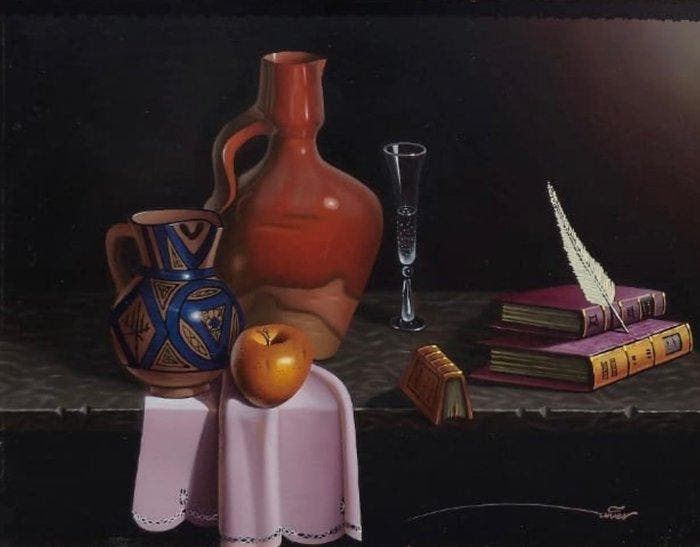 Javier Mulio (1957) - Bodegón con cántaro y libros, Antiek en Kunst, Kunst | Schilderijen | Klassiek