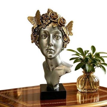 sculptuur, Silver Greek Goddess Bust with Gold Floral &