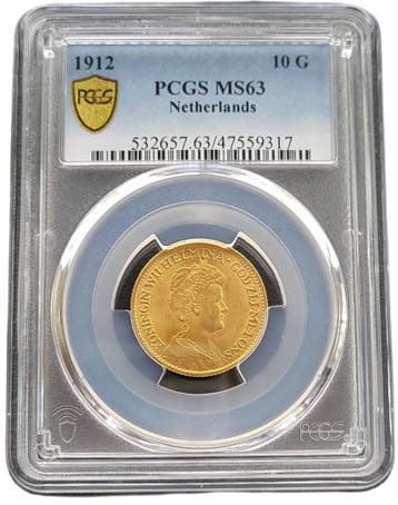Gouden Wilhelmina 10 gulden 1912 MS63 gecertificeerd PCGS, Verzenden, Goud, Koningin Wilhelmina, Losse munt