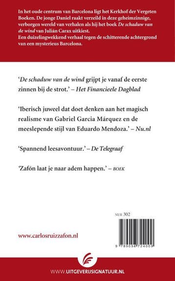 De schaduw van de wind / Het kerkhof der vergeten boeken / 1, Boeken, Verzenden, Gelezen, Carlos Ruiz Zafón