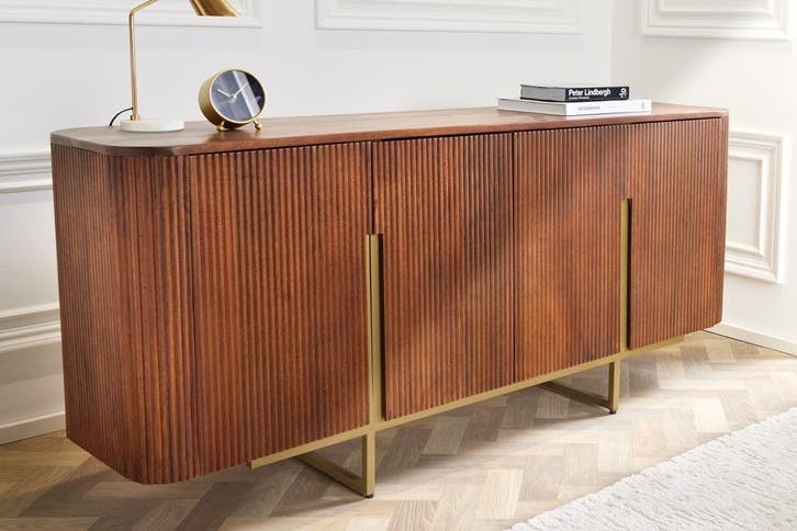 Design Dressoir GATSBY 160cm bruin matgoud Mangoholz Retro -, Huis en Inrichting, Kasten | Dressoirs, Ophalen of Verzenden