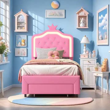 Gestoffeerd kinderbed met kroonhoofdbord en LED verlichting, Verzenden, Nieuw