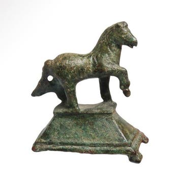 Oud-Romeins Brons Drafpaard op sokkel – figuur, Antiek en Kunst