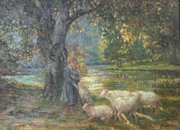Eduardo van Esbroeck (1869-1949) - Pastoralny krajobraz z, Antiek en Kunst, Kunst | Schilderijen | Klassiek