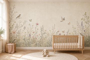Bloemen behang babykamer – fotobehang met vogels, Verzenden, Fotobehang