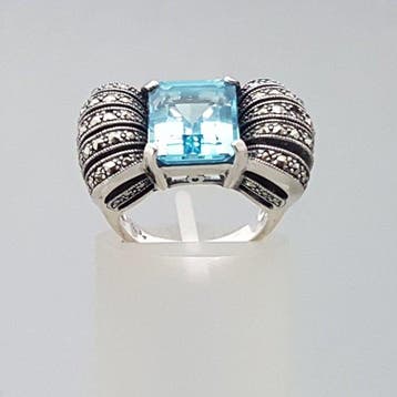 Zilver, Art Deco, Blauwe Spinel(Getest) Tankring - Ring -
