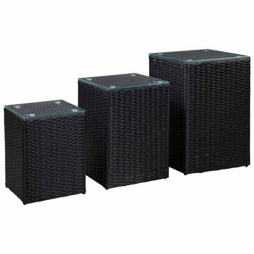 vidaXL 3-delige Bijzettafelset met glazen blad poly rattan, Huis en Inrichting, Tafels | Bijzettafels, Verzenden, Nieuw, 60 cm of meer