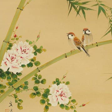 Two Sparrows and Peony Flowers with Original Box (Tomobako)