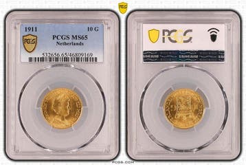 Gouden Wilhelmina 10 gulden 1911 MS65 gecertificeerd PCGS, Postzegels en Munten, Munten | Nederland, Verzenden, Goud, Koningin Wilhelmina