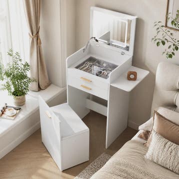 WOLTU Kaptafel met LED Spiegel, Verrijdbare Opbergkruk & Gla, Verzenden, Nieuw