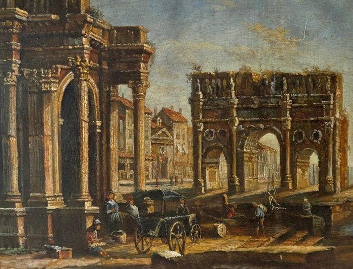 Europese school (XX) - Capriccio di Rovine Romane con Figure, Antiek en Kunst, Kunst | Schilderijen | Klassiek