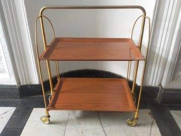 Serveerwagen - Mid-Century Barwagen – Messing- en houtoptiek