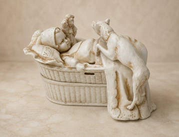Antiek biscuit porseleinen doosje met slapende baby en hond